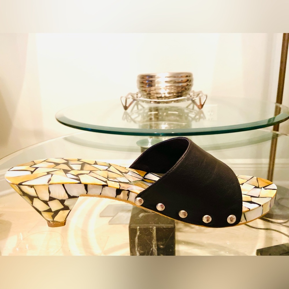 SALE! Mother of Pearl & black leather sandals-clogs handmade, #kitten heel